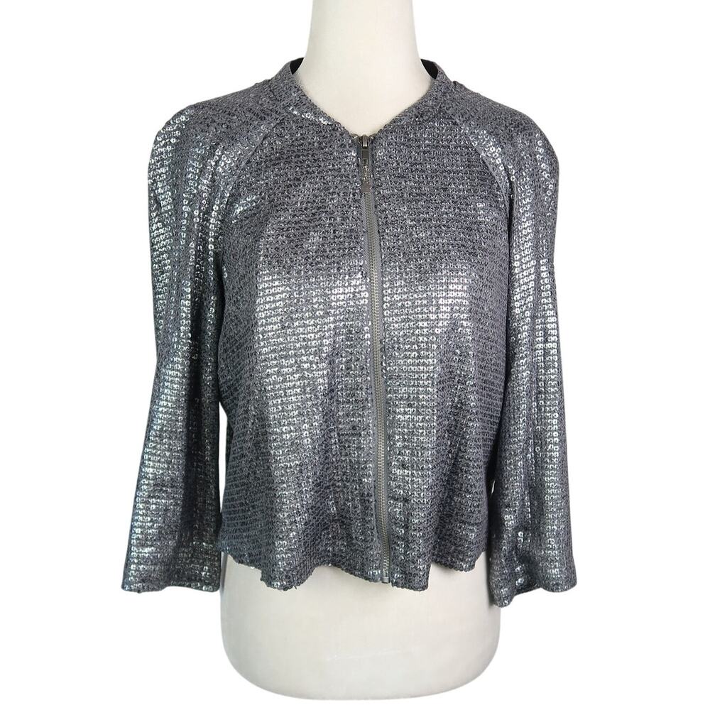 Silence + Noise Gunmetal Silver Sequin Crop Zip Front Jacket M